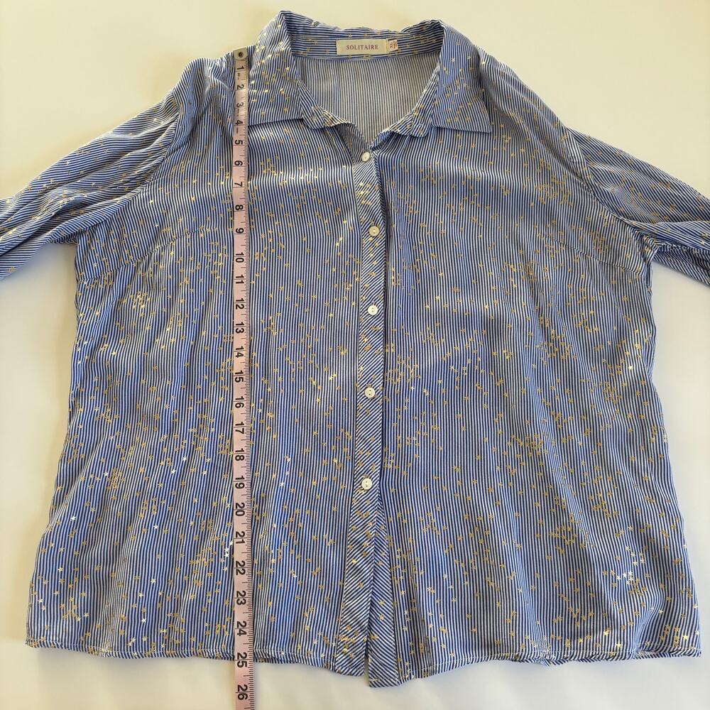 Solitaire Blue and White Striped Long Sleeve Button Down Blouse Gold Star Print - Picture 5 of 6